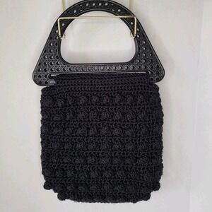 Vintage Boho Black Popcorn Crochet Woven Knotted Bag Purse Plastic Handle